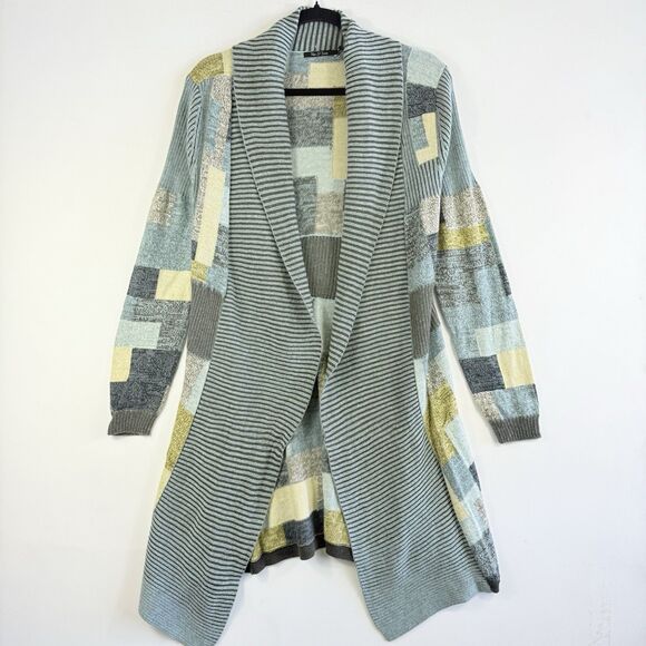 Nic + Zoe Womens Medium Blue Grey Colorblock Open Front Duster Cardigan Sweater - Picture 2 of 8